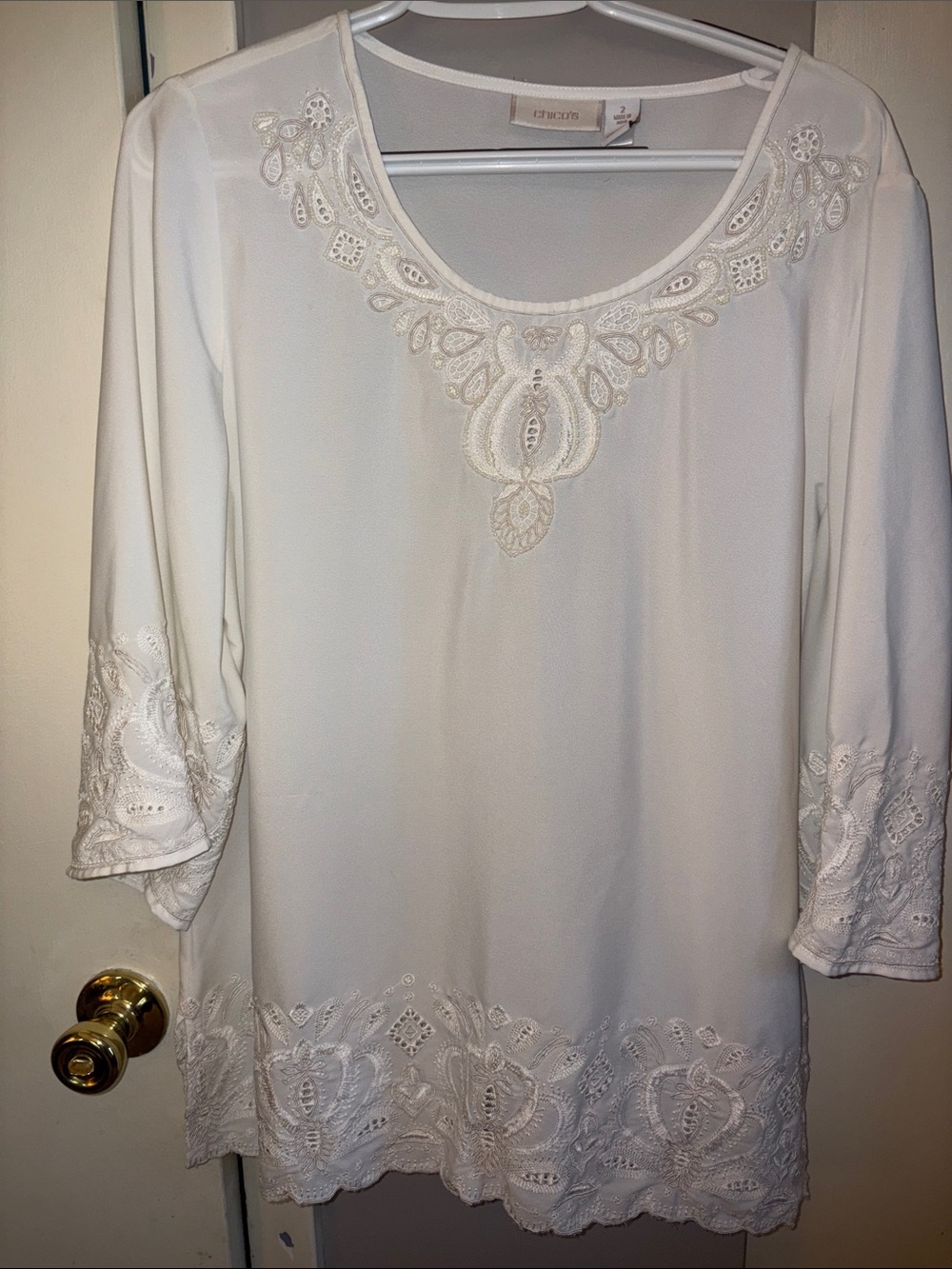 Chico's Ivory Scoop Neck Embroidered Tunic